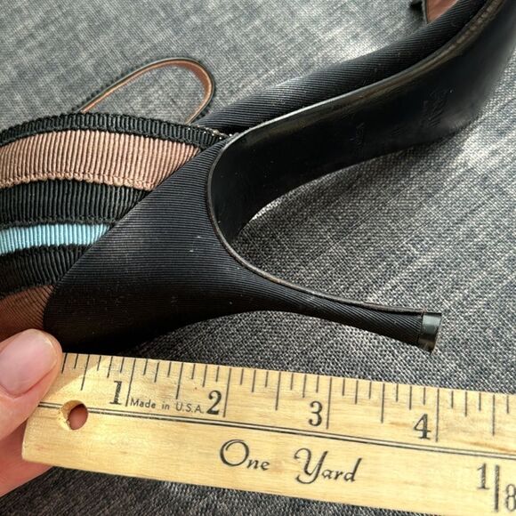 Prada Blue, Black, and Brown Grosgrain Striped Ankle Strap Heels with Bow Sz 40 - Picture 11 of 16